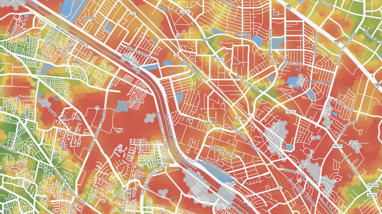 Walk Grade map of Thomas Manor, El Paso, TX, walkable areas in green and car-dependent areas in red