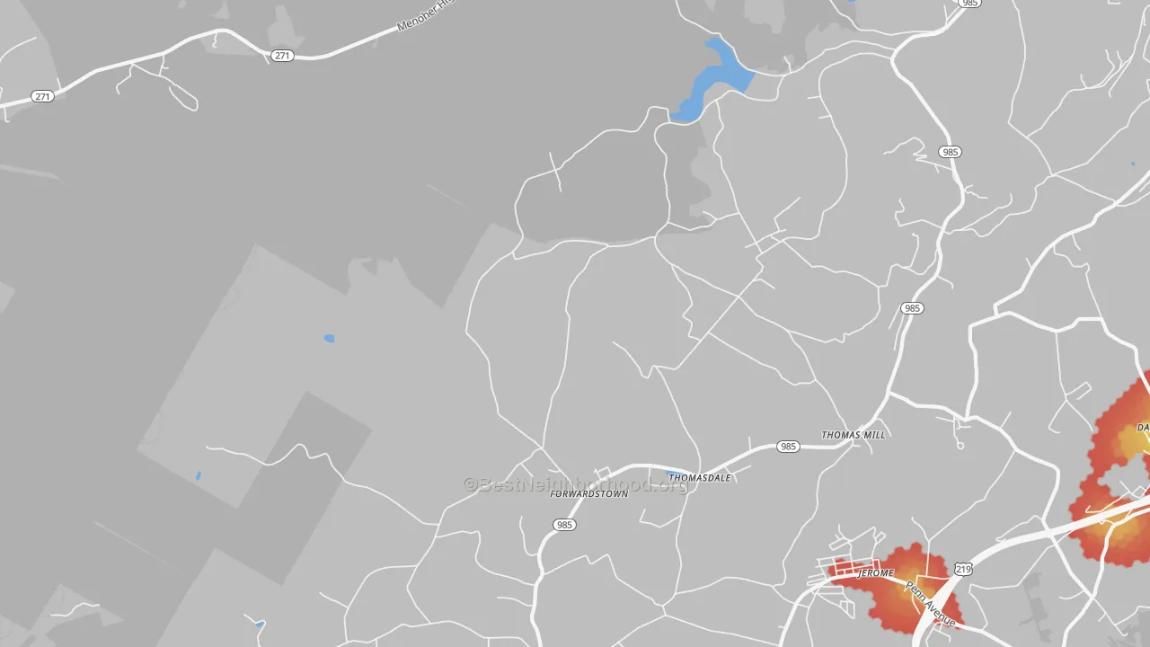 Walk Grade map of Thomas Mills, PA, walkable areas in green and car-dependent areas in red