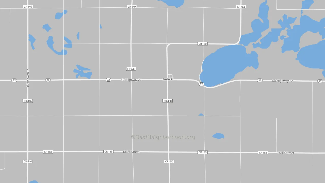 Walk Grade map of Thomas, SD, walkable areas in green and car-dependent areas in red