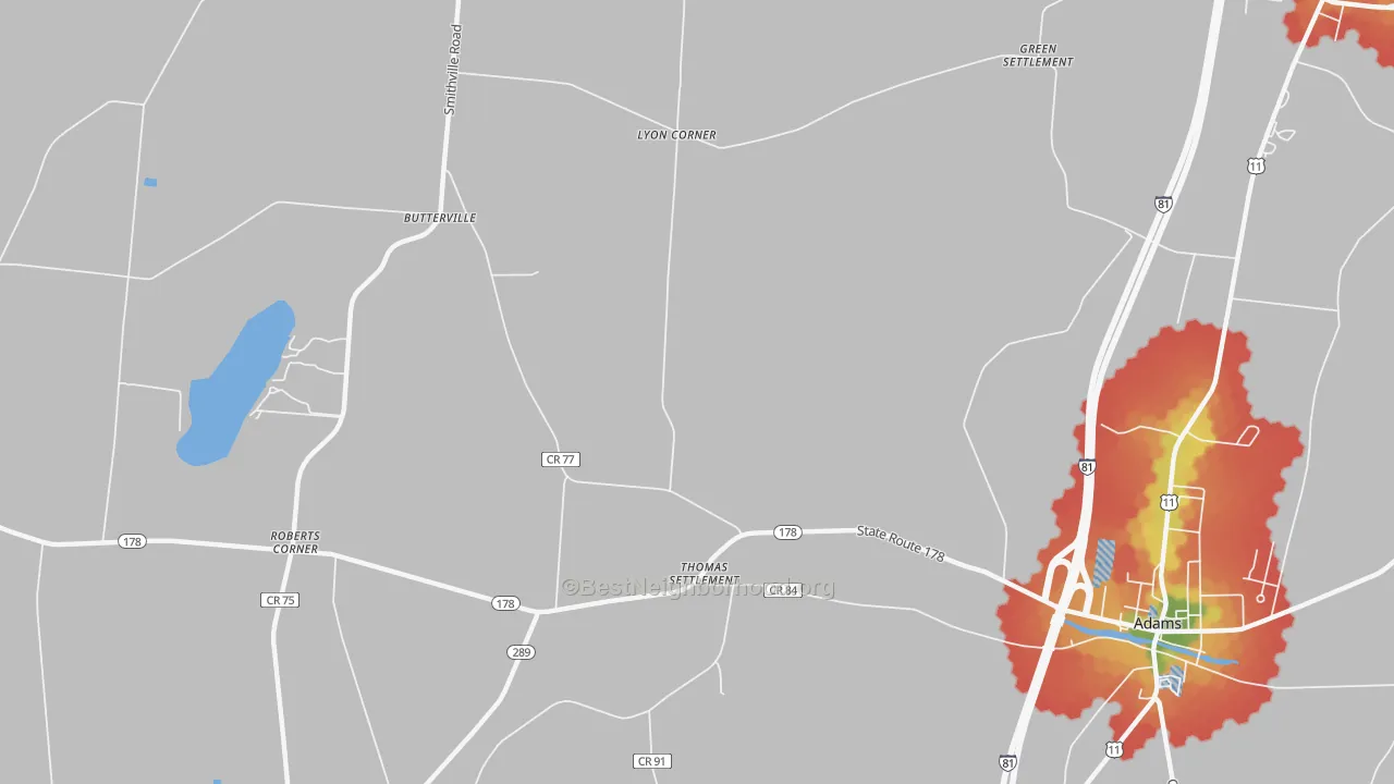 Walk Grade map of Thomas Settlement, NY, walkable areas in green and car-dependent areas in red