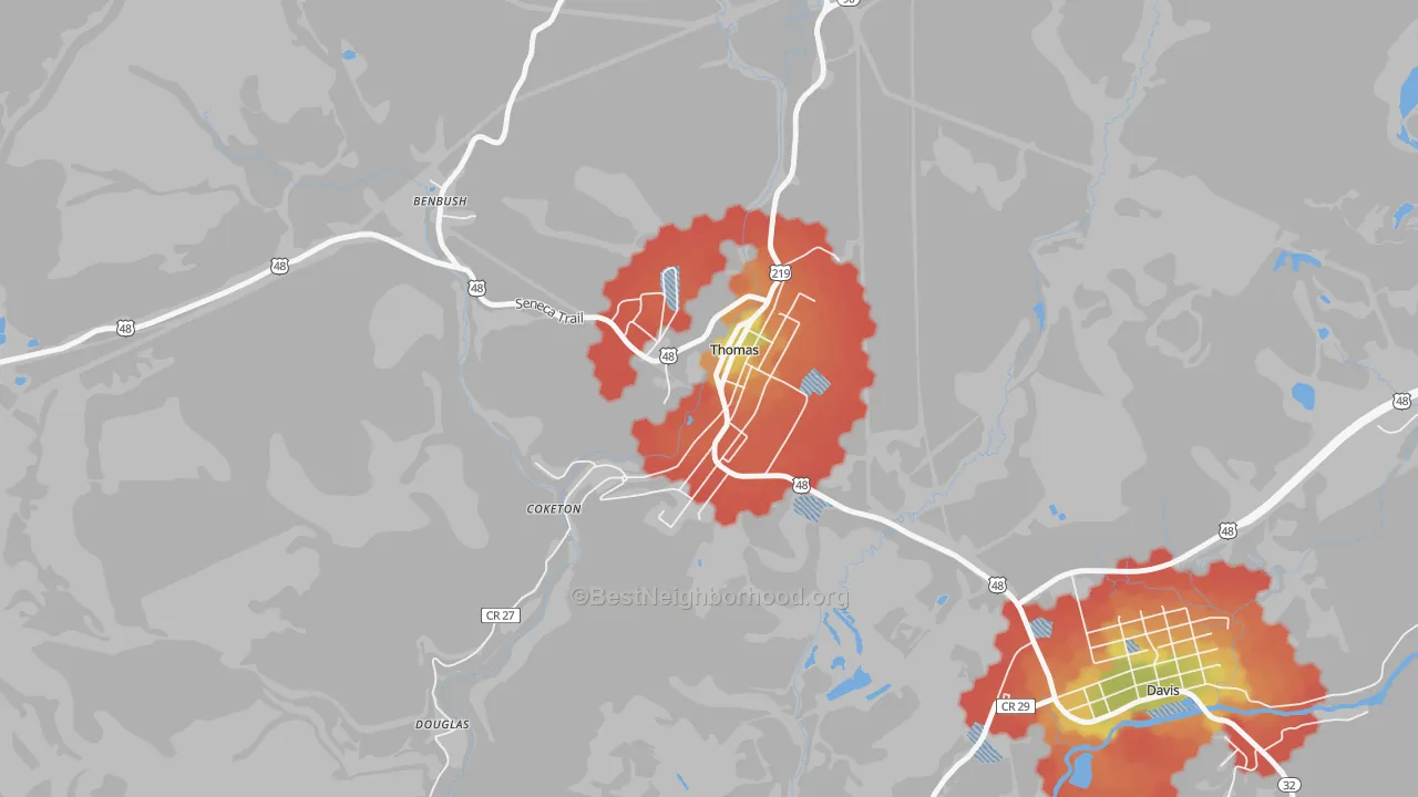 Walk Grade map of Thomas, WV, walkable areas in green and car-dependent areas in red