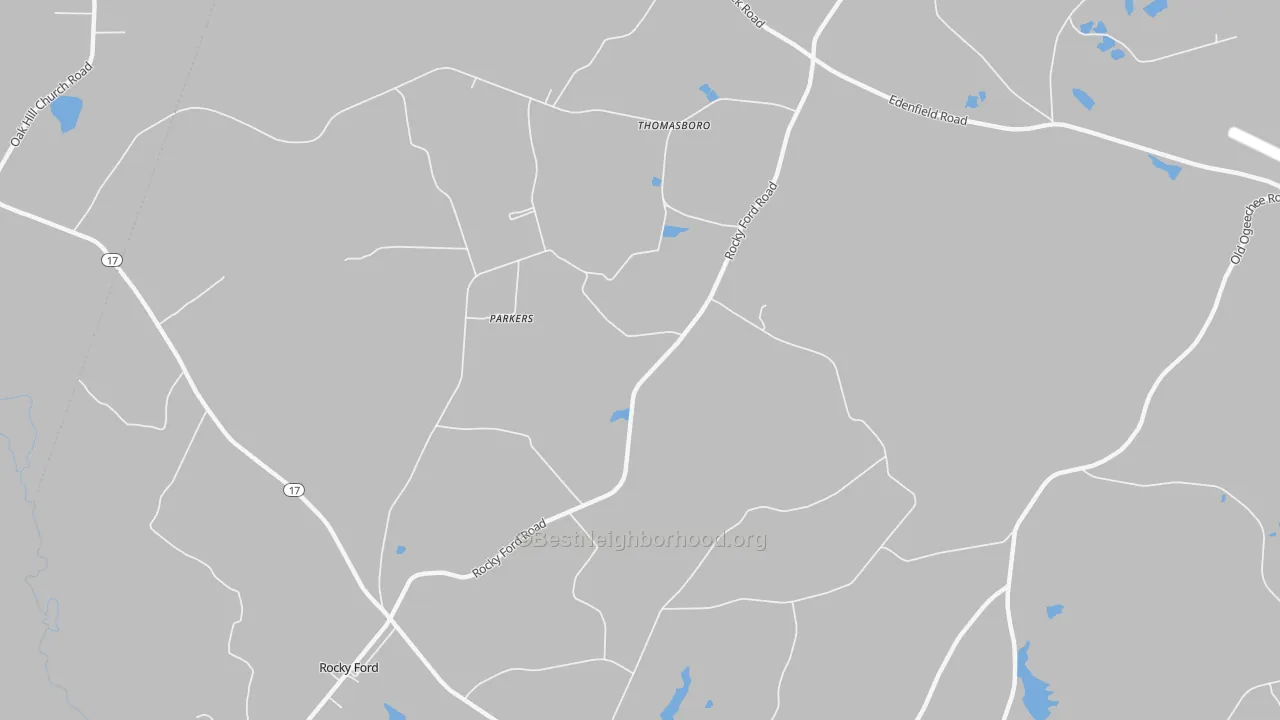 Walk Grade map of Thomasboro, GA, walkable areas in green and car-dependent areas in red