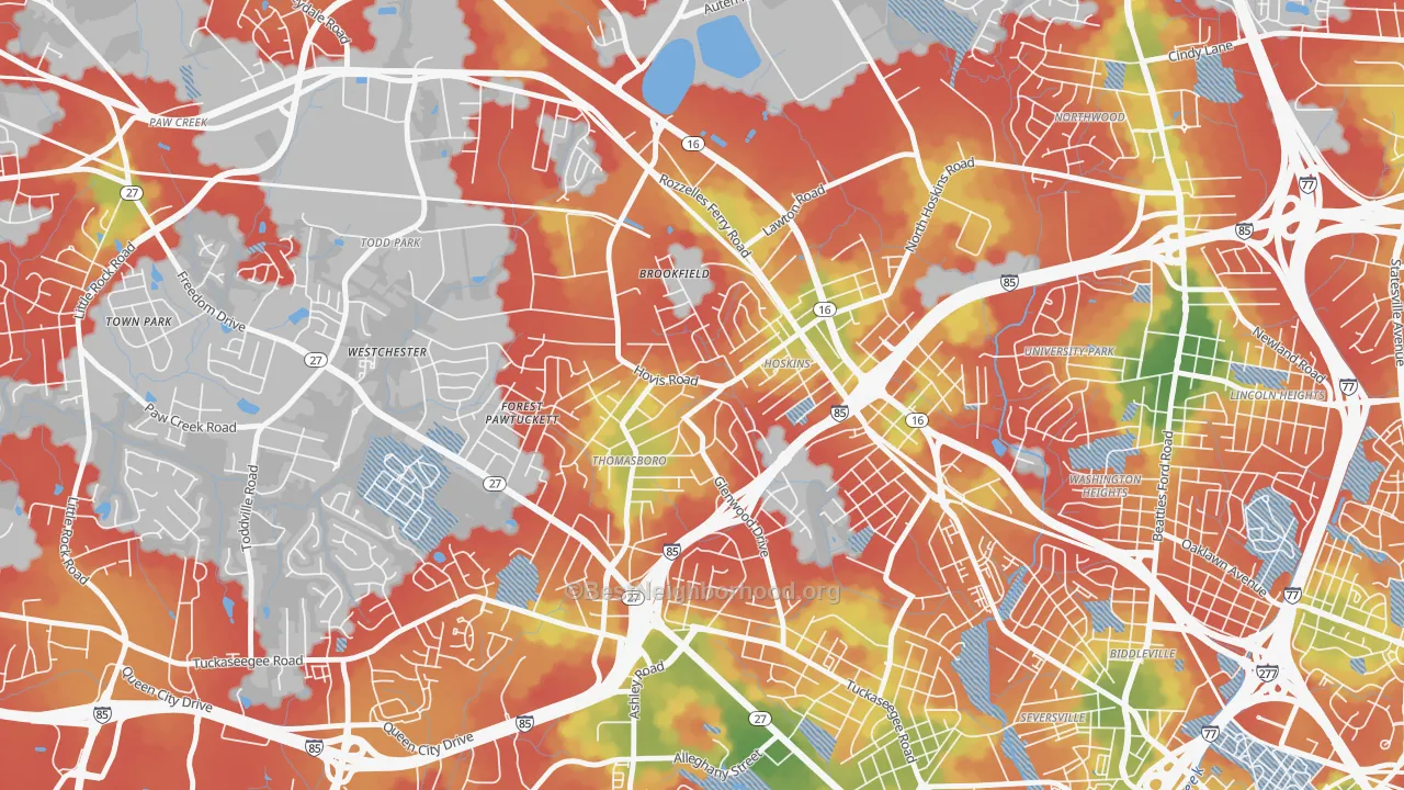 Walk Grade map of Thomasboro-Hoskins, Charlotte, NC, walkable areas in green and car-dependent areas in red