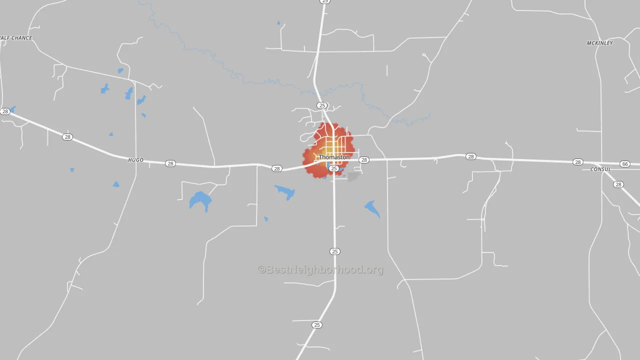Walk Grade map of Thomaston, AL, walkable areas in green and car-dependent areas in red