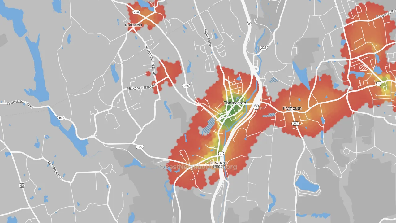 Walk Grade map of Thomaston, CT, walkable areas in green and car-dependent areas in red