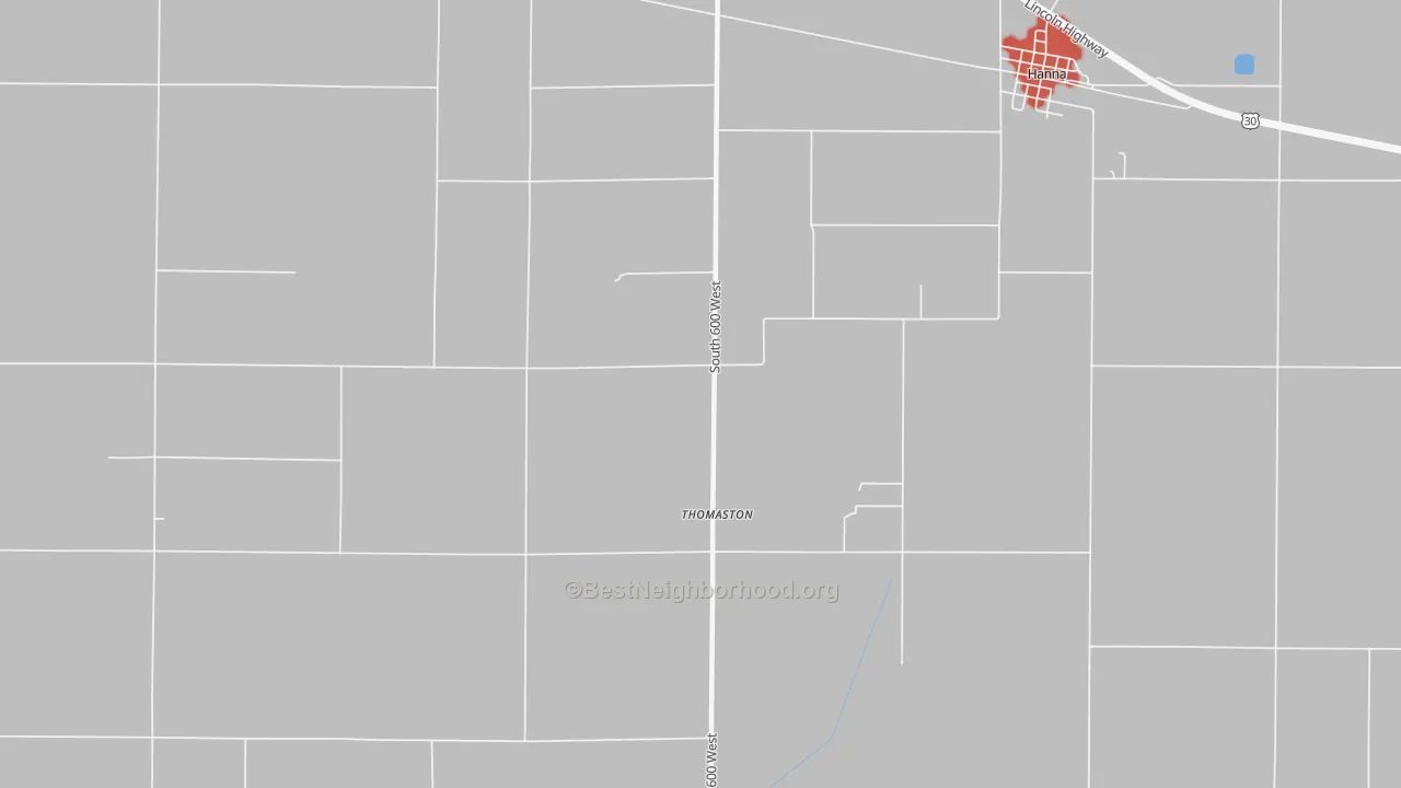 Walk Grade map of Thomaston, IN, walkable areas in green and car-dependent areas in red