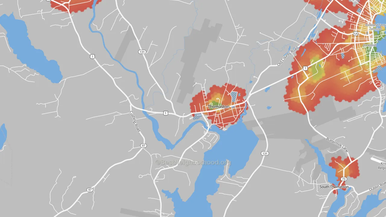 Walk Grade map of Thomaston, ME, walkable areas in green and car-dependent areas in red