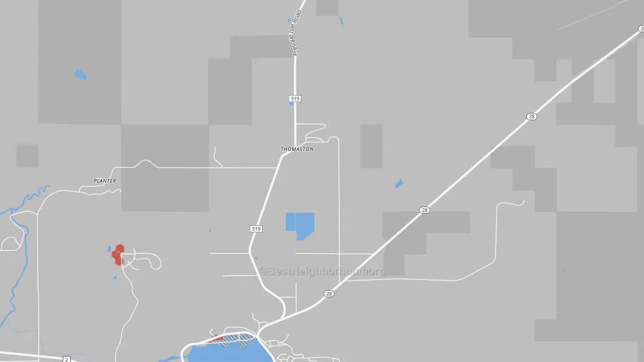 Walk Grade map of Thomaston, MI, walkable areas in green and car-dependent areas in red