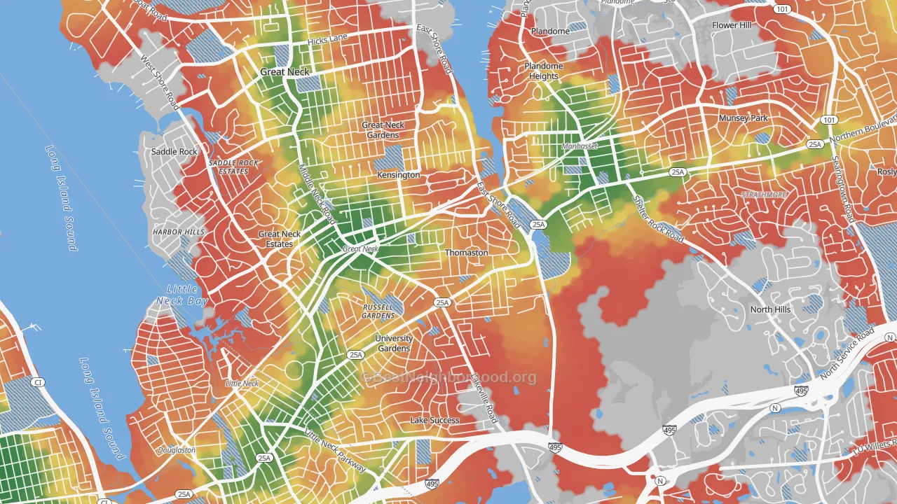 Walk Grade map of Thomaston, NY, walkable areas in green and car-dependent areas in red