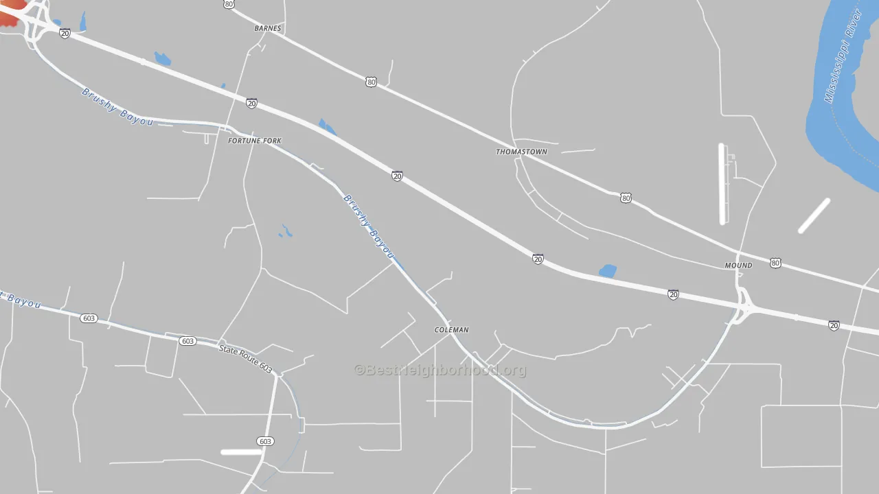 Walk Grade map of Thomastown, LA, walkable areas in green and car-dependent areas in red
