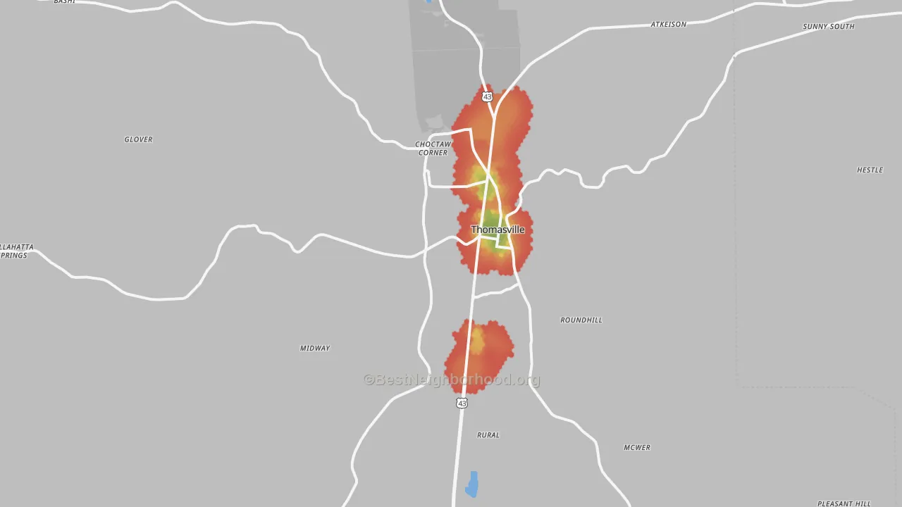 Walk Grade map of Thomasville, AL, walkable areas in green and car-dependent areas in red
