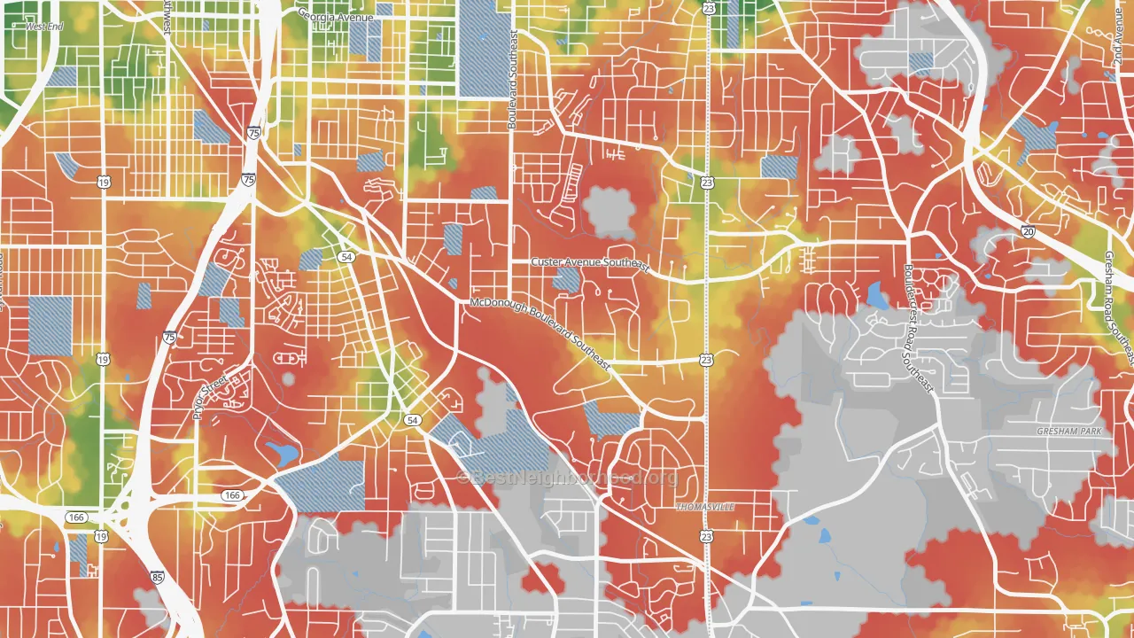 Walk Grade map of Thomasville, Atlanta, GA, walkable areas in green and car-dependent areas in red