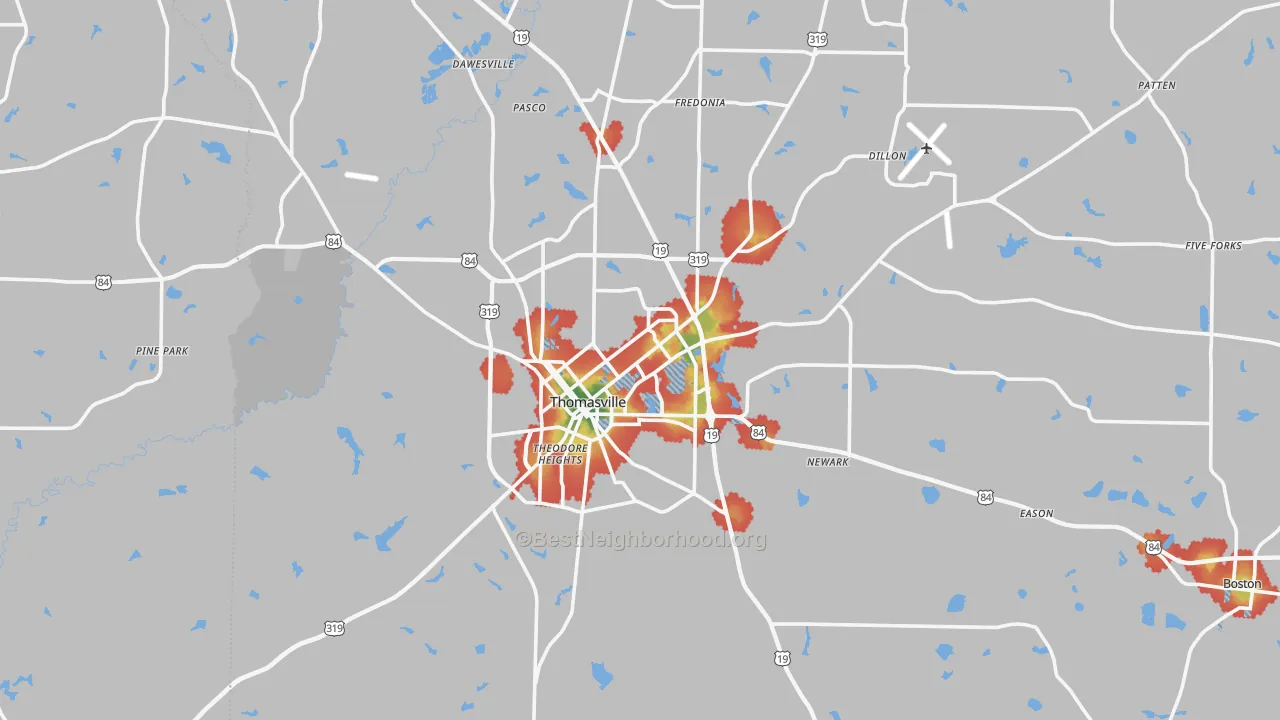 Walk Grade map of Thomasville, GA, walkable areas in green and car-dependent areas in red