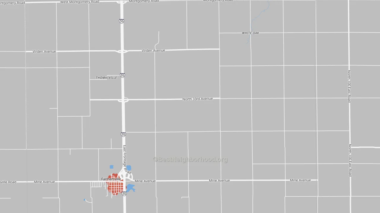 Walk Grade map of Thomasville, IL, walkable areas in green and car-dependent areas in red