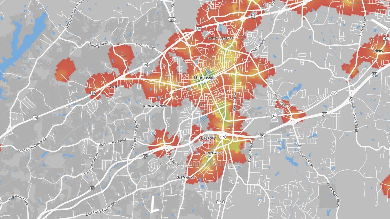 Walk Grade map of Thomasville, NC, walkable areas in green and car-dependent areas in red