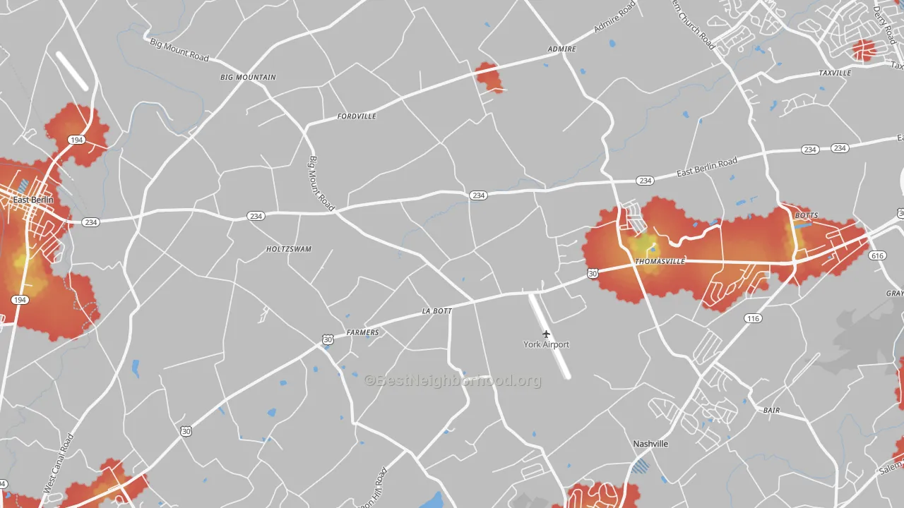 Walk Grade map of Thomasville, PA, walkable areas in green and car-dependent areas in red