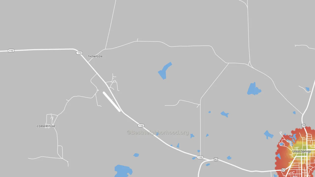 Walk Grade map of Thompson, AL, walkable areas in green and car-dependent areas in red