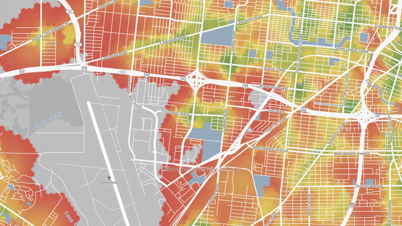 Walk Grade map of Thompson Community, San Antonio, TX, walkable areas in green and car-dependent areas in red