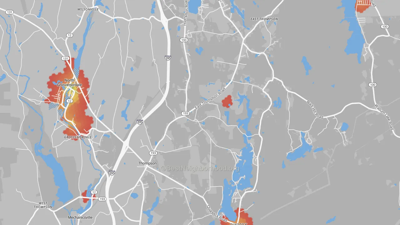 Walk Grade map of Thompson, CT, walkable areas in green and car-dependent areas in red