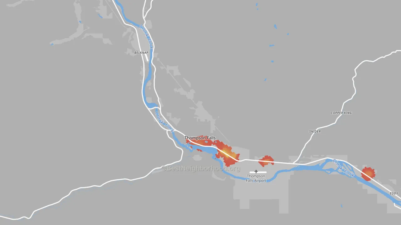 Walk Grade map of Thompson Falls, MT, walkable areas in green and car-dependent areas in red