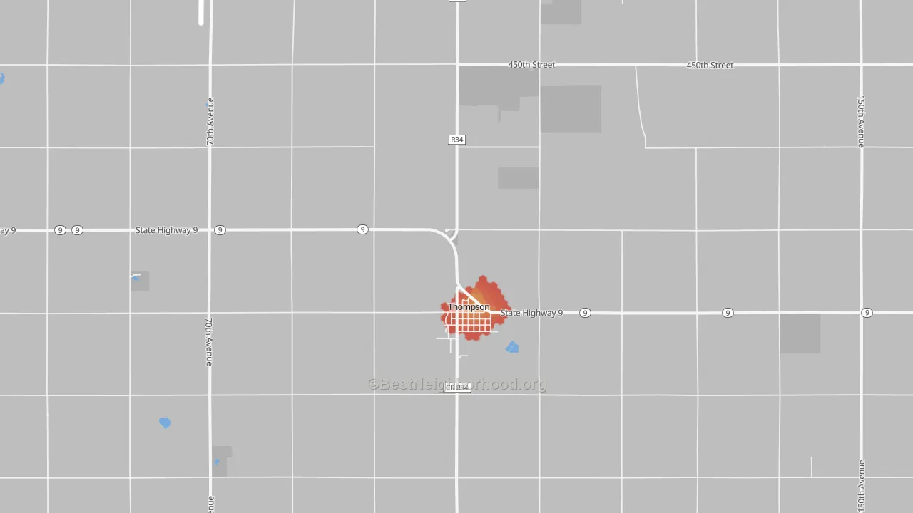 Walk Grade map of Thompson, IA, walkable areas in green and car-dependent areas in red