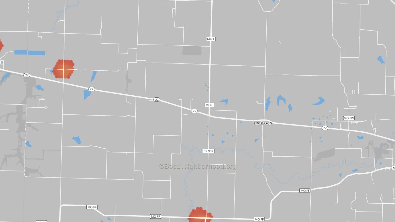 Walk Grade map of Thompson, MO, walkable areas in green and car-dependent areas in red
