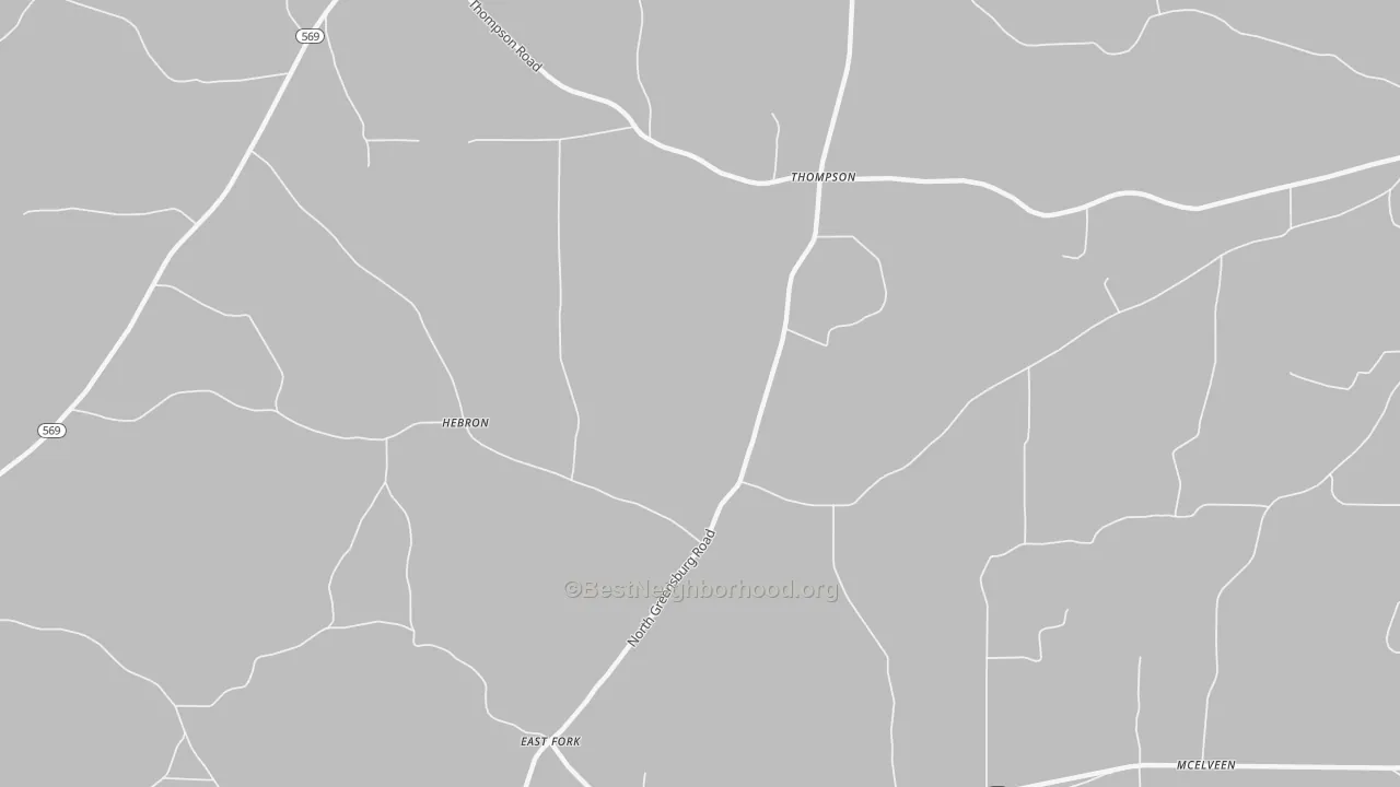 Walk Grade map of Thompson, MS, walkable areas in green and car-dependent areas in red