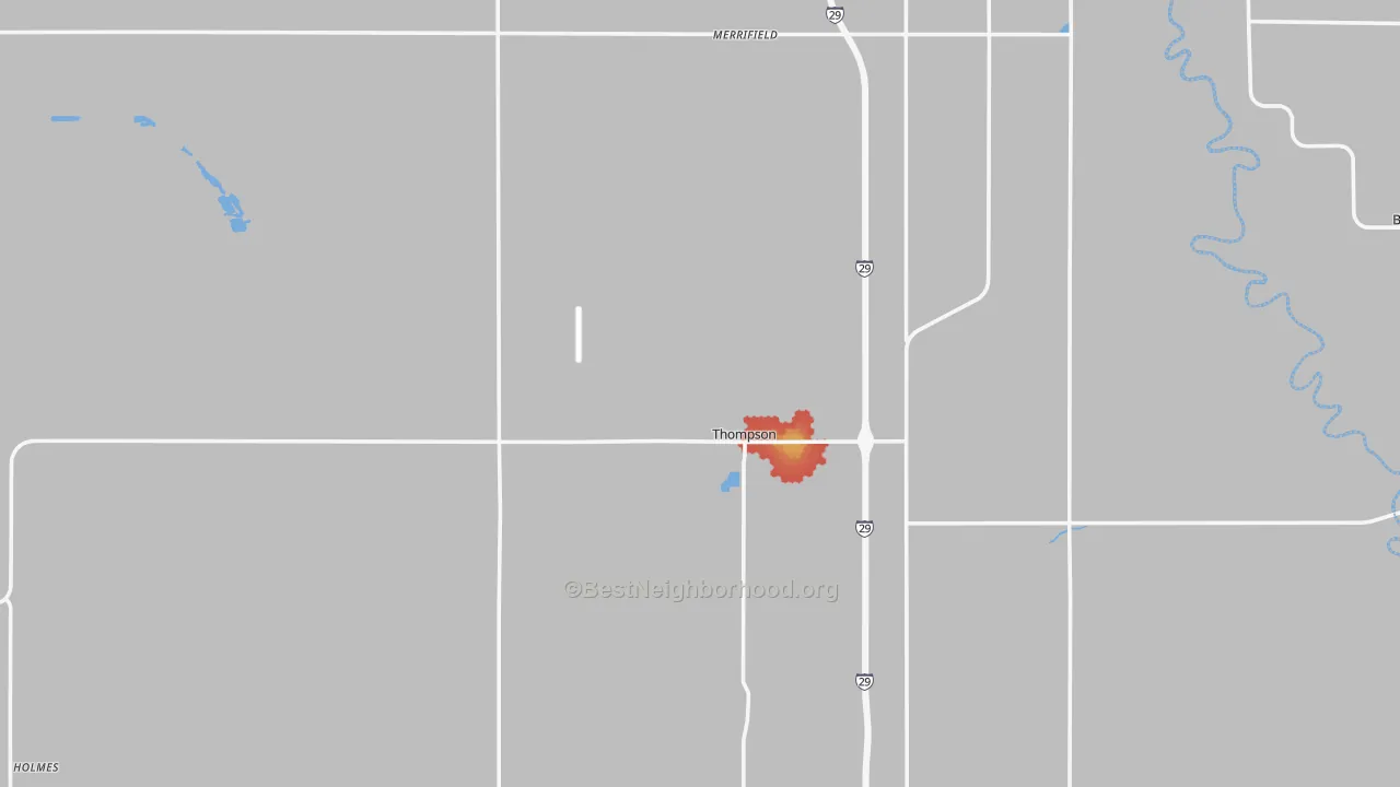 Walk Grade map of Thompson, ND, walkable areas in green and car-dependent areas in red
