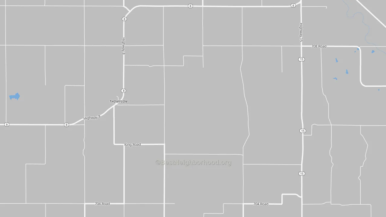 Walk Grade map of Thompson, NE, walkable areas in green and car-dependent areas in red