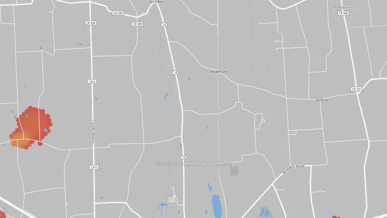 Walk Grade map of Thompson, NY, walkable areas in green and car-dependent areas in red