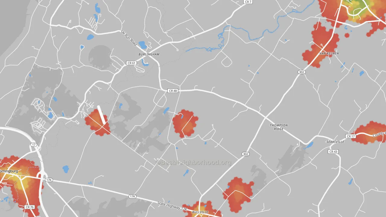 Walk Grade map of Thompson Ridge, NY, walkable areas in green and car-dependent areas in red