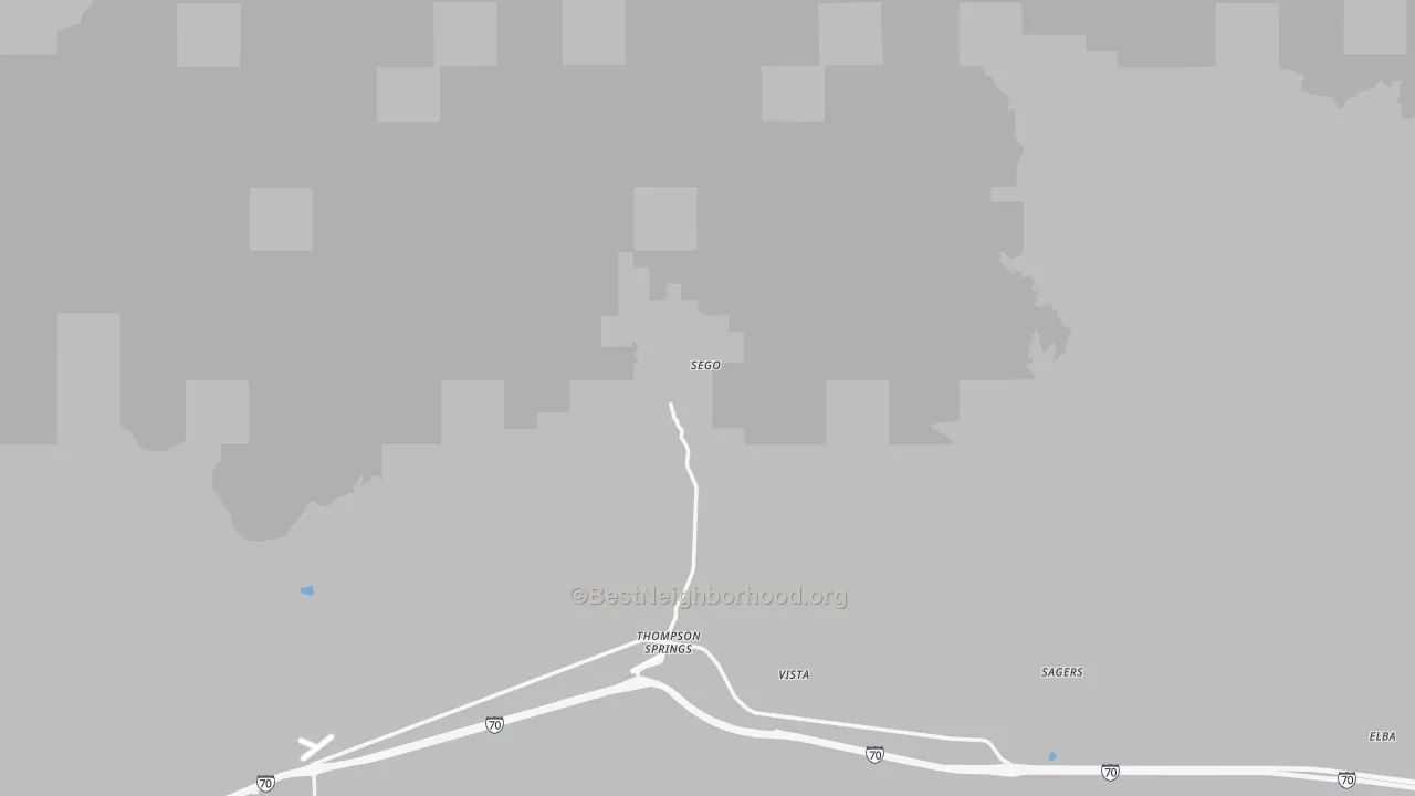 Walk Grade map of Thompson Springs, UT, walkable areas in green and car-dependent areas in red