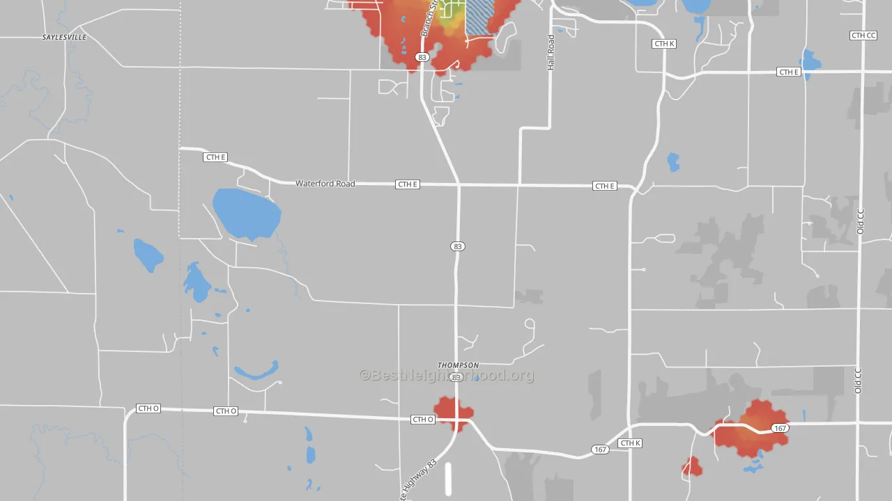 Walk Grade map of Thompson, WI, walkable areas in green and car-dependent areas in red