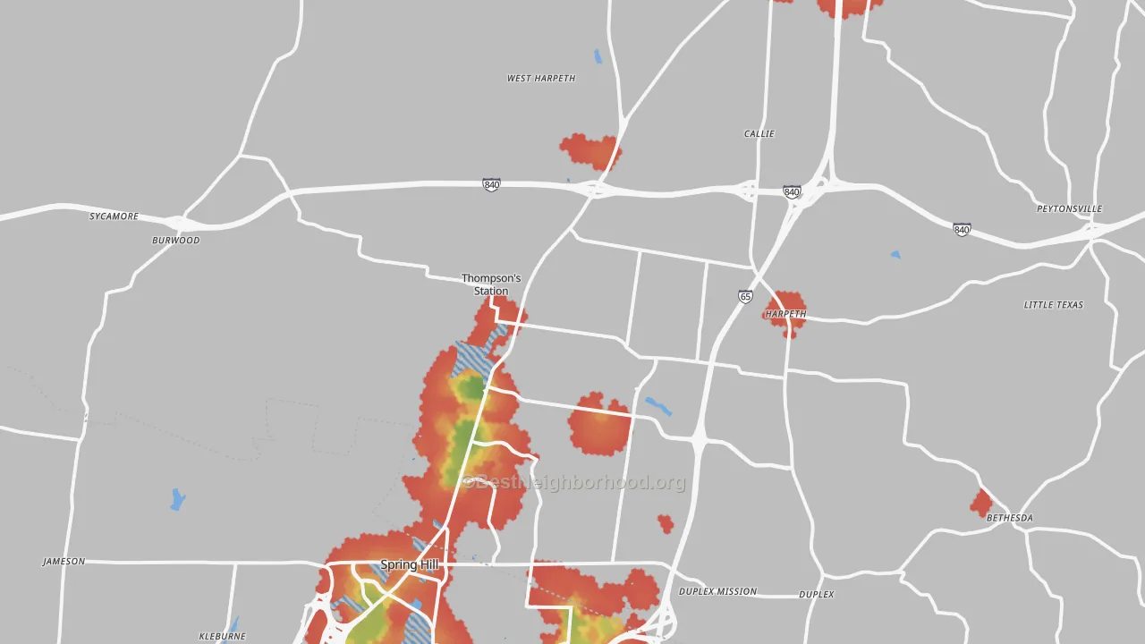 Walk Grade map of Thompsons Station, TN, walkable areas in green and car-dependent areas in red