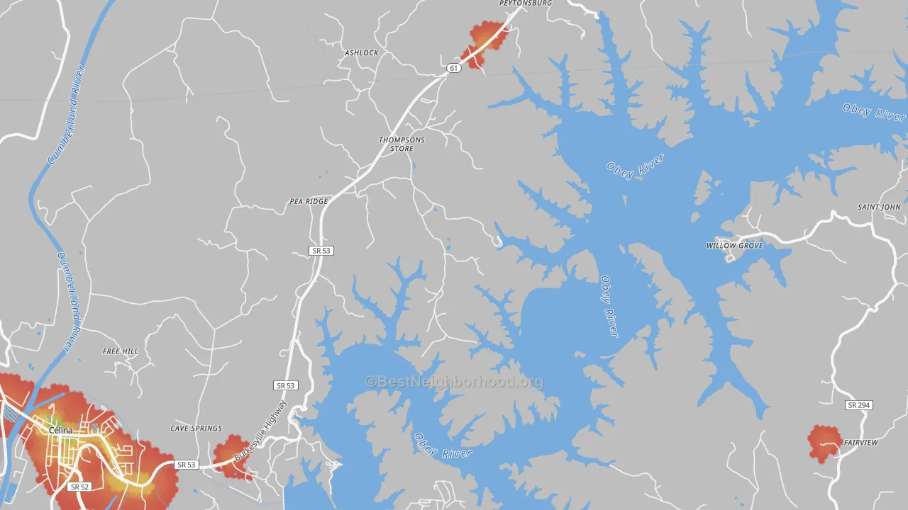 Walk Grade map of Thompsons Store, TN, walkable areas in green and car-dependent areas in red