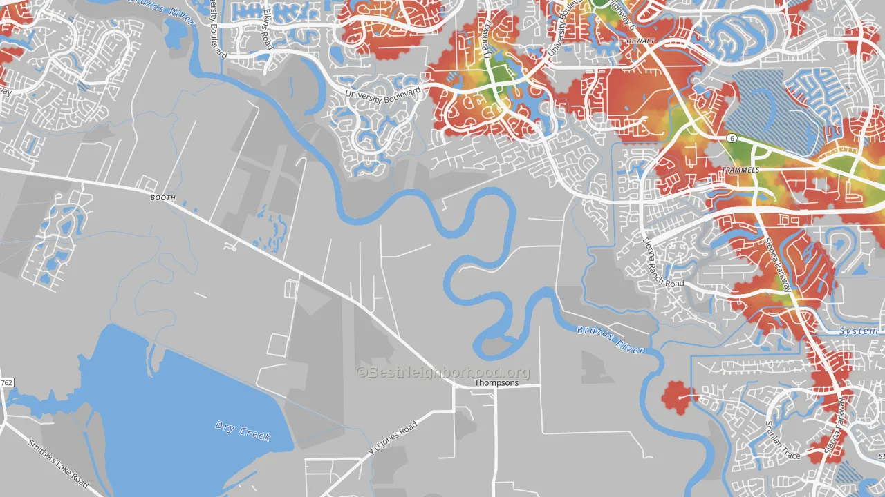 Walk Grade map of Thompsons, TX, walkable areas in green and car-dependent areas in red