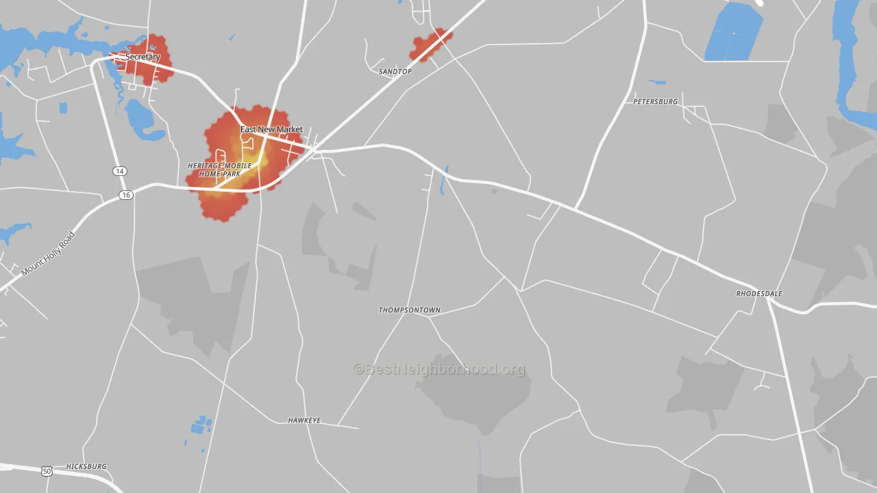 Walk Grade map of Thompsontown, MD, walkable areas in green and car-dependent areas in red