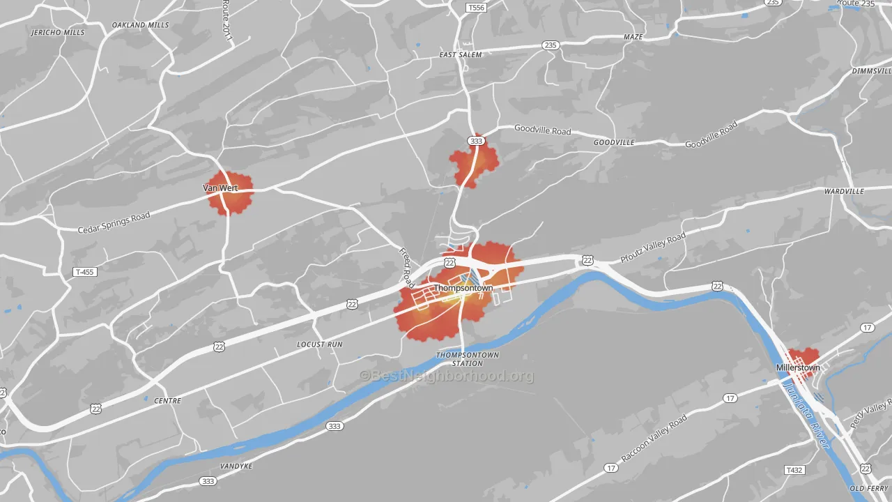 Walk Grade map of Thompsontown, PA, walkable areas in green and car-dependent areas in red