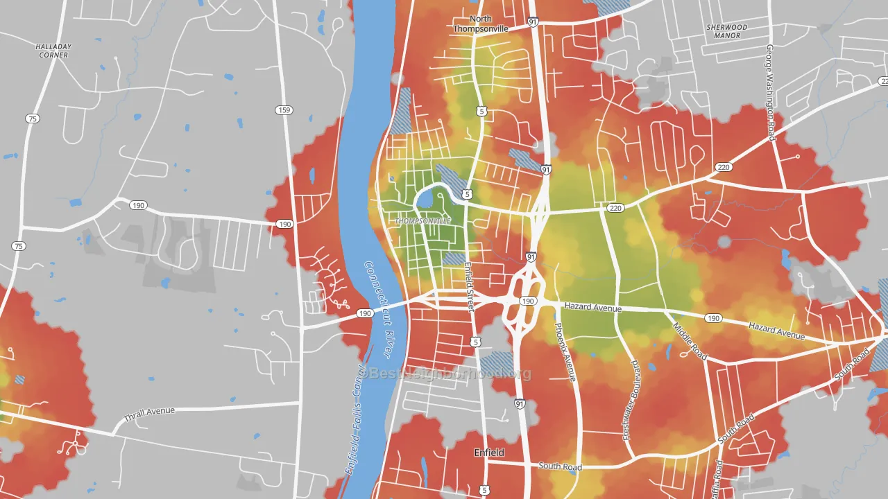 Walk Grade map of Thompsonville, CT, walkable areas in green and car-dependent areas in red