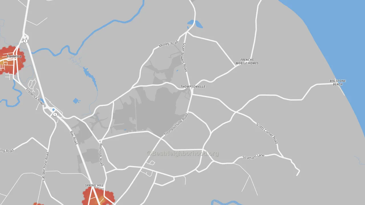 Walk Grade map of Thompsonville, DE, walkable areas in green and car-dependent areas in red