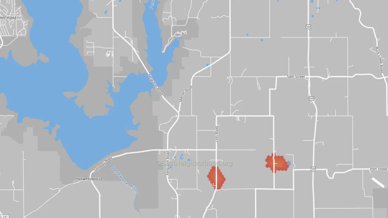 Walk Grade map of Thompsonville, KS, walkable areas in green and car-dependent areas in red