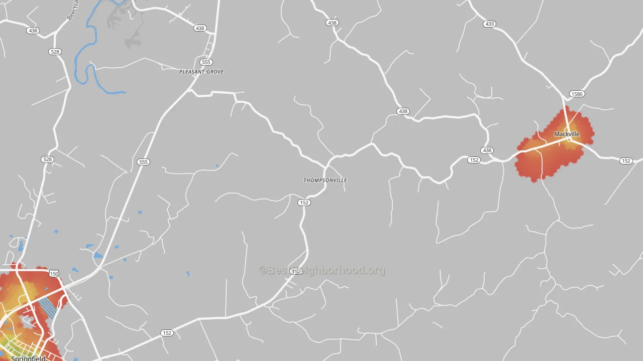 Walk Grade map of Thompsonville, KY, walkable areas in green and car-dependent areas in red