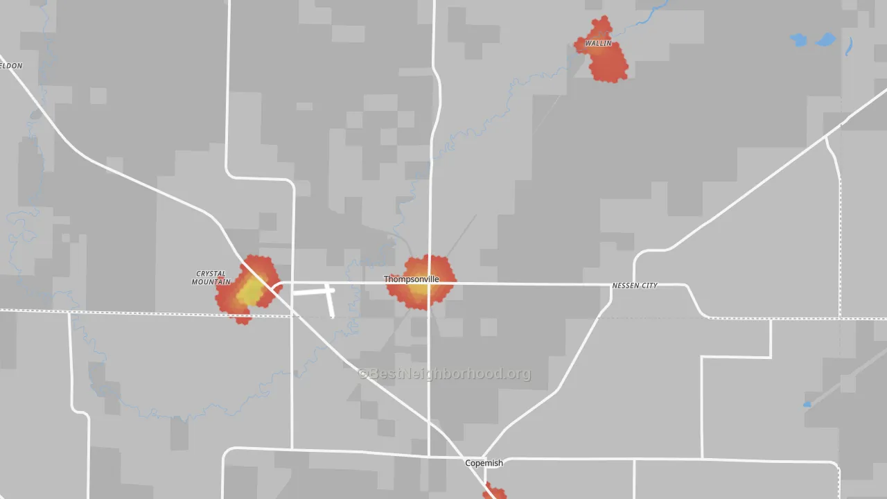 Walk Grade map of Thompsonville, MI, walkable areas in green and car-dependent areas in red