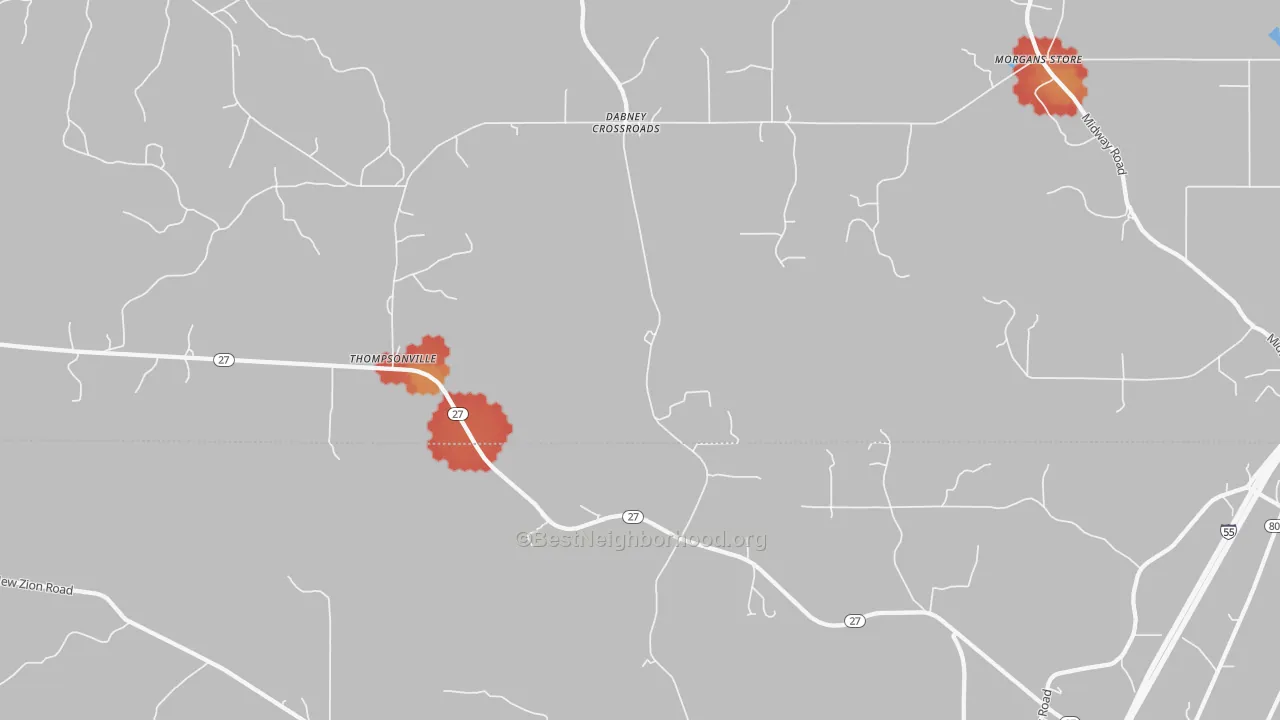 Walk Grade map of Thompsonville, MS, walkable areas in green and car-dependent areas in red