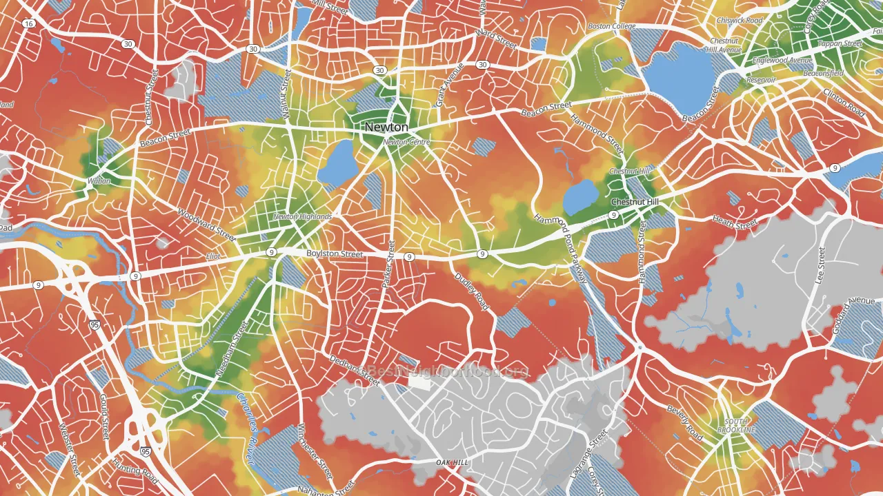 Walk Grade map of Thompsonville, Newton, MA, walkable areas in green and car-dependent areas in red