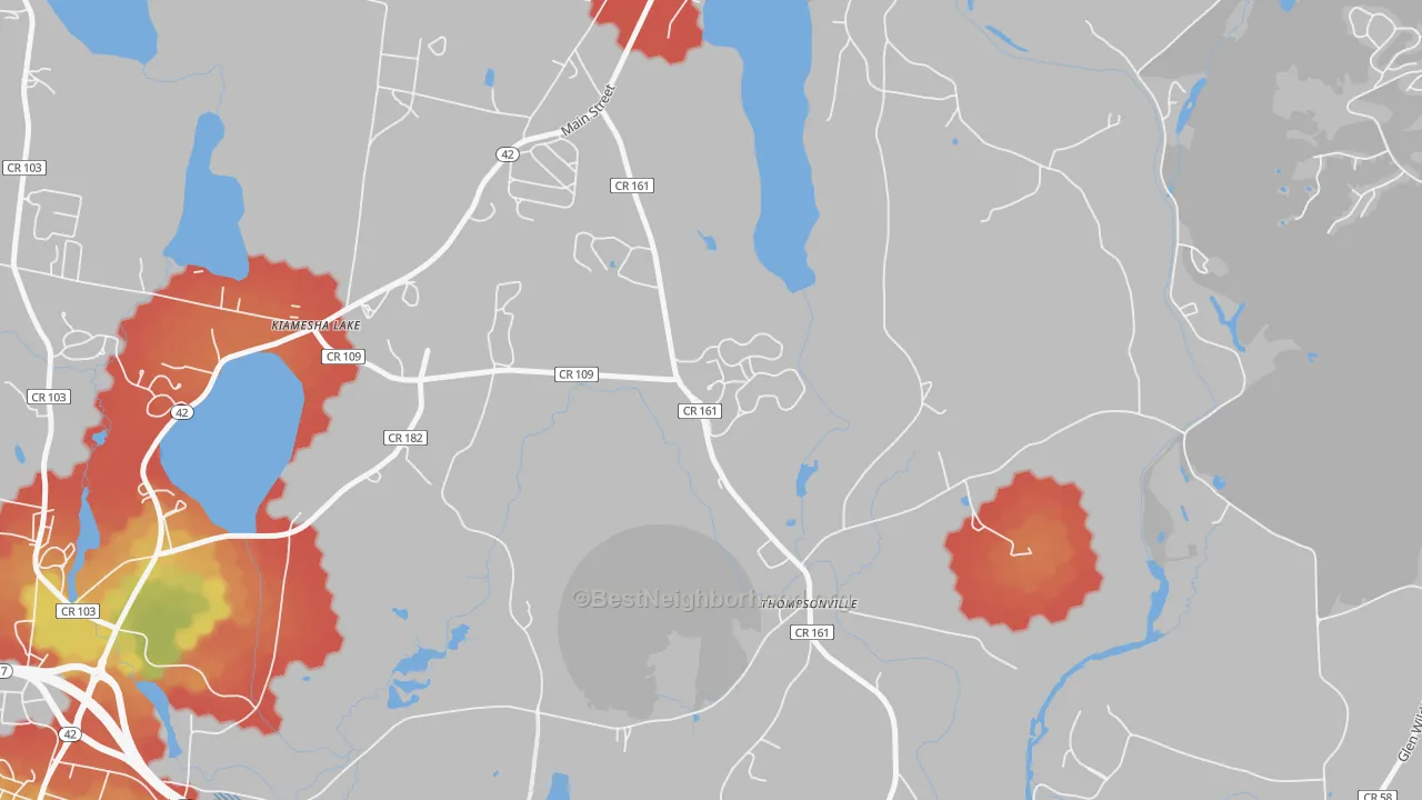 Walk Grade map of Thompsonville, NY, walkable areas in green and car-dependent areas in red
