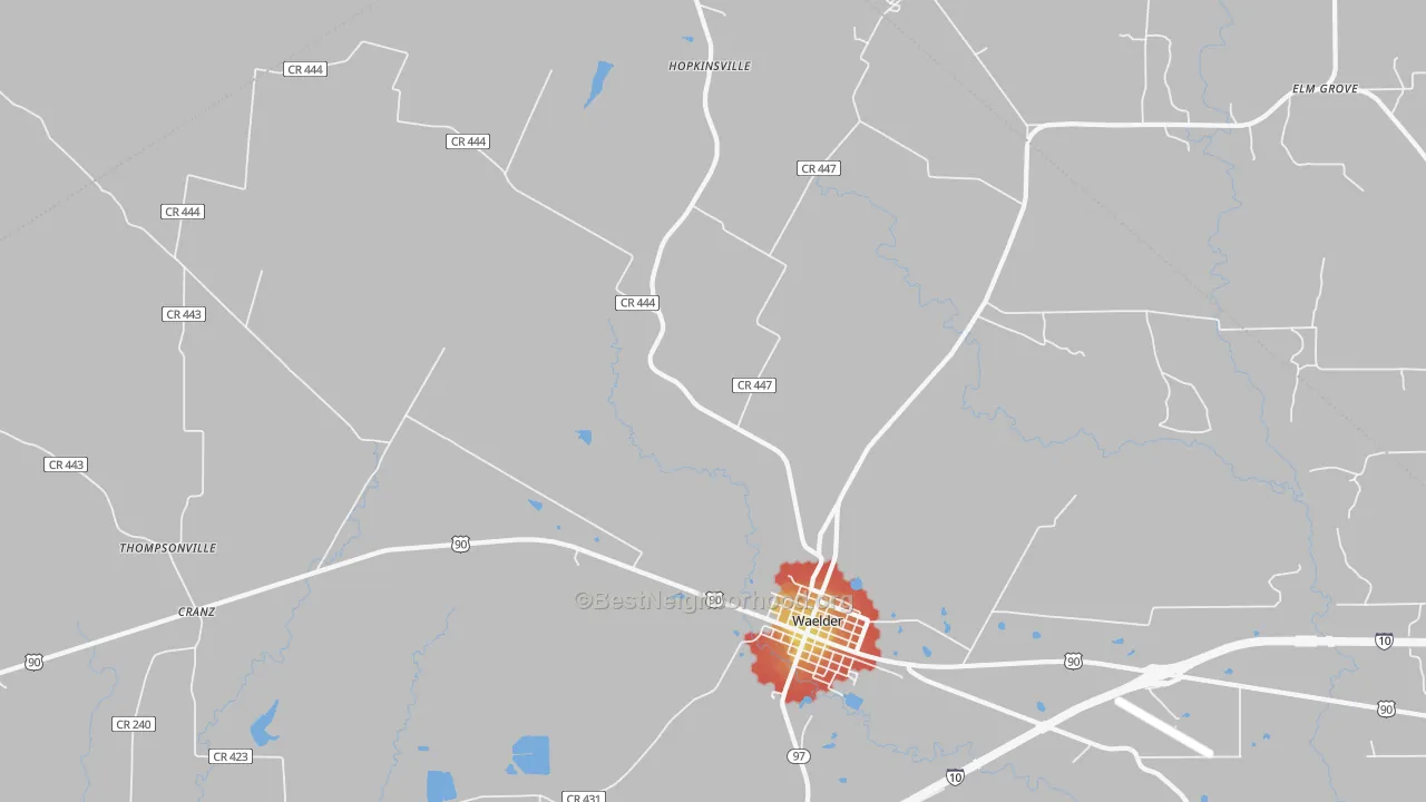 Walk Grade map of Thompsonville, TX, walkable areas in green and car-dependent areas in red