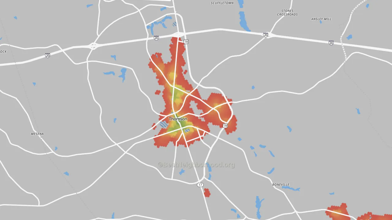 Walk Grade map of Thomson, GA, walkable areas in green and car-dependent areas in red
