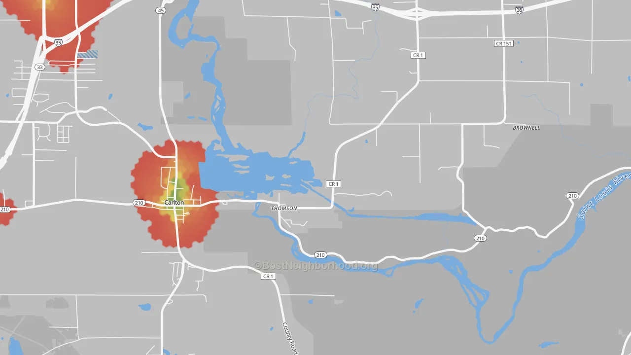 Walk Grade map of Thomson, MN, walkable areas in green and car-dependent areas in red