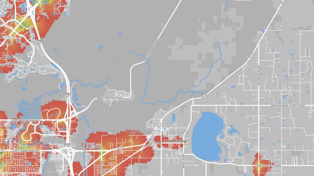 Walk Grade map of Thonotosassa, FL, walkable areas in green and car-dependent areas in red